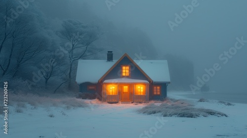 a house in the middle of a snowy field with trees in the background and a light on the front of the house in the middle of the front of the picture.