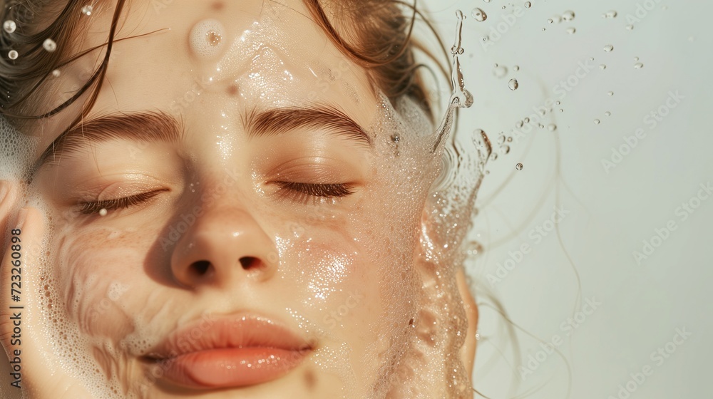 Close-Up of Woman Splashing Water and Soap on Her Face Close-Up of Woman Splashing Water and Soap on Her Face