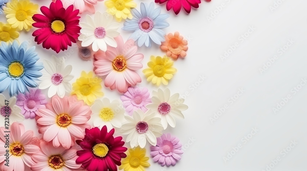 Top view of fresh colorful and lovely flowers like rose daisy on a gray background Top view of fresh colorful and lovely flowers like rose daisy on a gray background