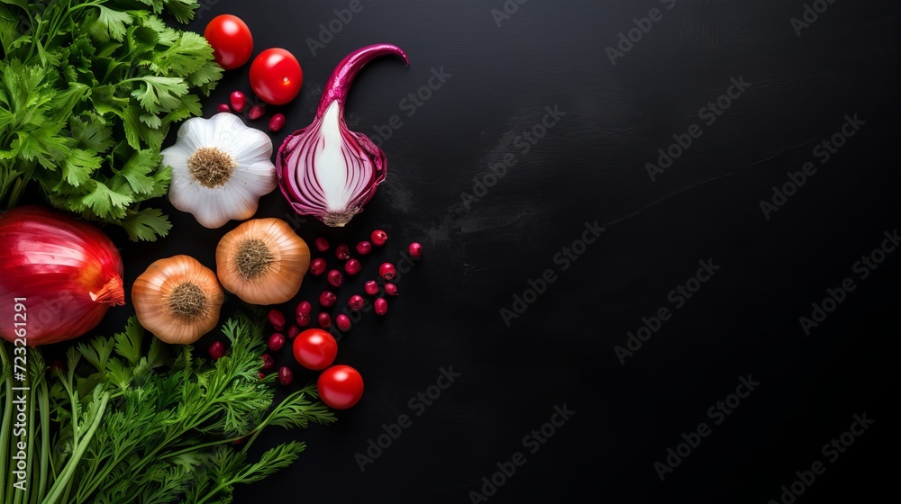 Top view of fresh vegetables onions garlics red chilly peppers with greens on dark, food meal ingredient product Top view of fresh vegetables onions garlics red chilly peppers with greens on dark, food meal ingredient product