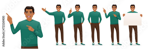 Set of young business man poses wearing casual green sweater with different gestures showing something. Isolated vector illustration