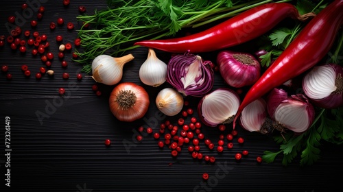 Top view of fresh vegetables onions garlics red chilly peppers with greens on dark, food meal ingredient product