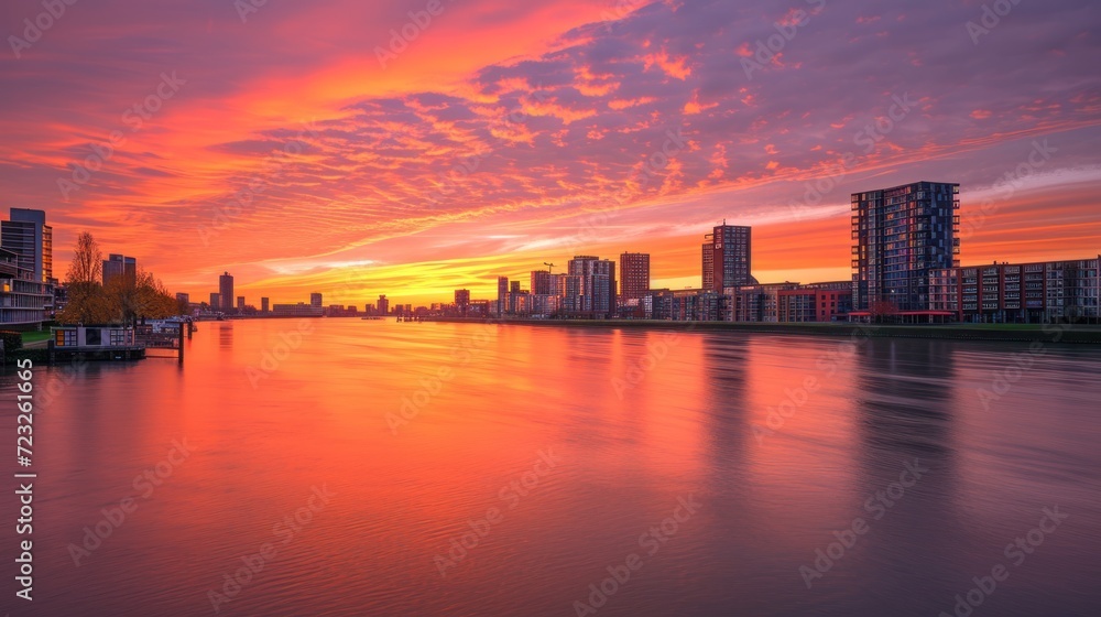  a sunset over a body of water with a city in the distance and buildings on the other side of the water and a few boats on the water in the foreground.