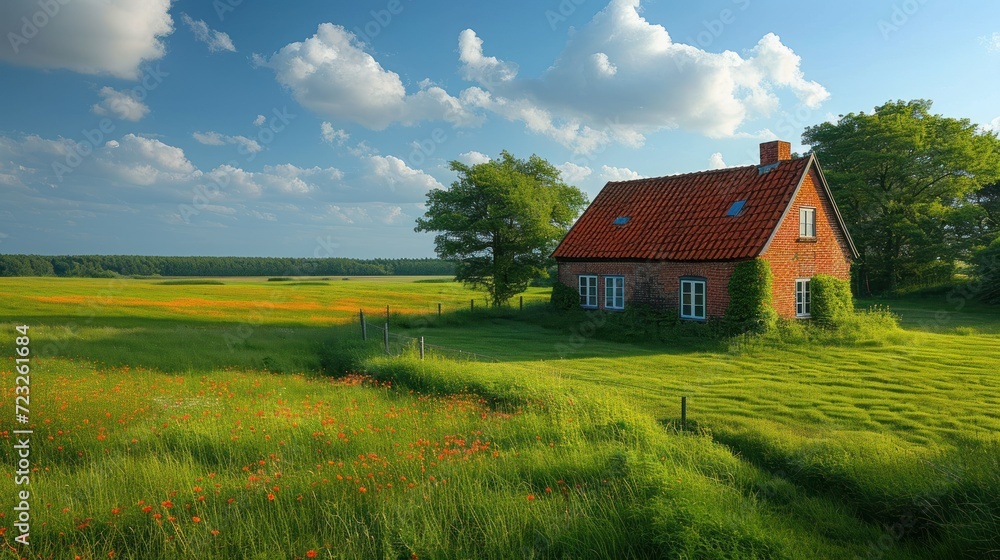 a house in the middle of a field with a red roof and a red tiled roof, surrounded by green grass and wildflowers, under a blue sky with puffy clouds. a house in the middle of a field with a red roof and a red tiled roof, surrounded by green grass and wildflowers, under a blue sky with puffy clouds.