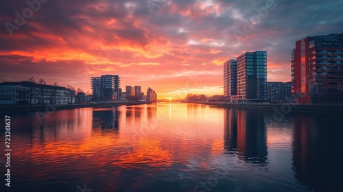 a large body of water with buildings on both sides of it and a sunset in the middle of the water with a few clouds in the sky and buildings on the other side of the water.