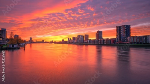  a sunset over a body of water with a city in the distance and buildings on the other side of the water and a few boats on the water in the foreground.