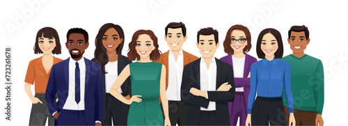 Portrait of group of happy diverse multiethnic young business people standing together. Isolated vector illustration