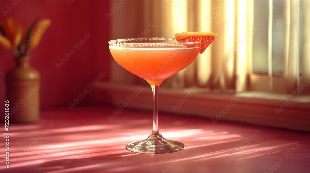 a close up of a drink in a glass on a table next to a vase with a grapefruit and an orange slice on the side of the glass. a close up of a drink in a glass on a table next to a vase with a grapefruit and an orange slice on the side of the glass.