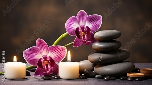 Top view spa arrangement with candles and stones