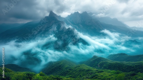  a view of a mountain range covered in clouds and green trees with a bird's eye view of the top of the mountain in the foreground is a dark cloudy sky.