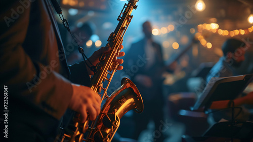 A jazz ensemble in a dimly lit club focusing on a saxophonist lost in the music.