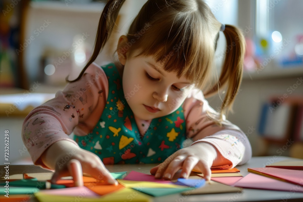 A girl with Down's syndrome lays out geometric shapes. child plays at school. rehabilitation of a disabled child A girl with Down's syndrome lays out geometric shapes. child plays at school. rehabilitation of a disabled child