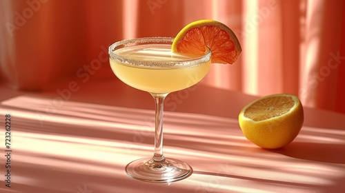  a close up of a drink in a glass with a slice of an orange on the side of the glass and a half of an orange on the side of the glass.