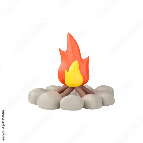 Bright plasticine campfire on gray stones with woods 3D style