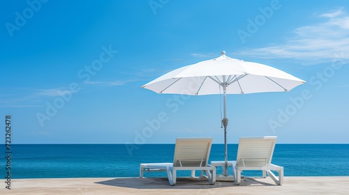 Umbrella and chair around swimming pool neary sea ocean beach with blue sky and white cloud © Akbar