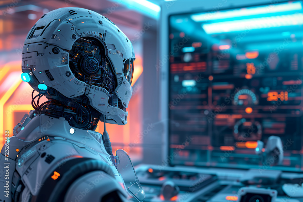 Future scenario, Futuristic, Artificial intelligence, AI, Cyborg, Robot, Working, Work. ROBOT AT WORK. This is how the automatons take on the operating and control functions that human used to perform Future scenario, Futuristic, Artificial intelligence, AI, Cyborg, Robot, Working, Work. ROBOT AT WORK. This is how the automatons take on the operating and control functions that human used to perform