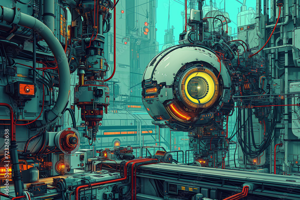 Robot factory, Future scenario, Futuristic, AI, Cyborg, Science fiction. DOWN WHERE CYBORGS ARE BORN. Illustration of a robot factory where androids are assembled.
