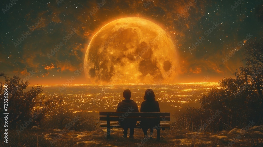 two people sitting on a bench in front of a full moon with the city lights in the distance and trees in the foreground, and a full moon in the background. two people sitting on a bench in front of a full moon with the city lights in the distance and trees in the foreground, and a full moon in the background.