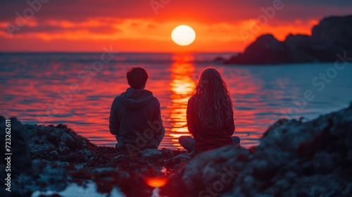  a couple of people sitting on top of a rock next to a body of water with the sun setting in the sky over the ocean and a body of water.