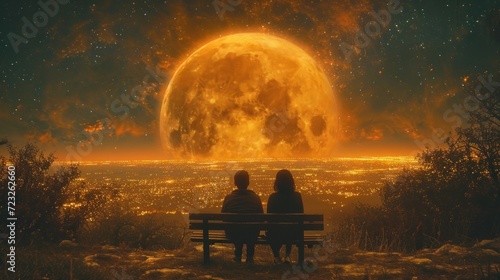  two people sitting on a bench in front of a full moon with the city lights in the distance and trees in the foreground, and a full moon in the background.
