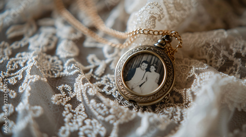 A locket with a photo of a couple inside resting on a lace fabric.