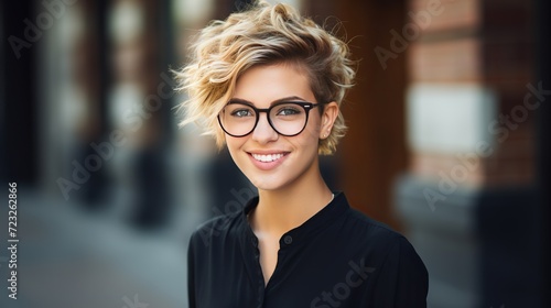 Vertical protrait of an attractive young girl with short hair, wearing glasses and street style clothes, leaning on a brick wall. photo