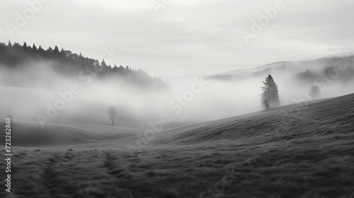 Vertical greyscale shot of a mysterious field covered in fog
