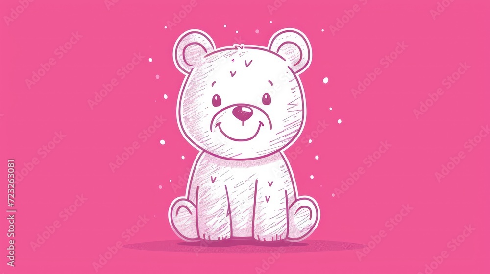 a drawing of a white teddy bear sitting on a pink background with snow flakes on it's head and a pink background with a pink background with a white outline of snowflakes. a drawing of a white teddy bear sitting on a pink background with snow flakes on it's head and a pink background with a pink background with a white outline of snowflakes.