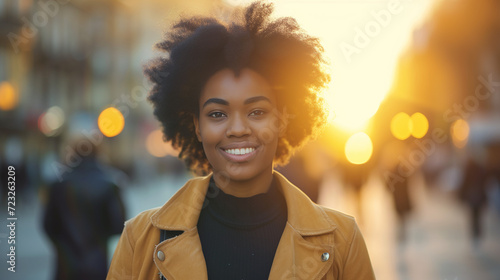 Confident Young African American Woman Standing Out in Crowd - Urban Street Style with Sunset Backligh photo