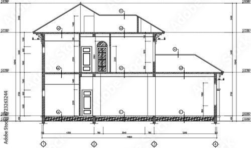 Vector sketch, illustration, design, architectural engineering drawing, section of a classic vintage Mediterranean colonial old house building