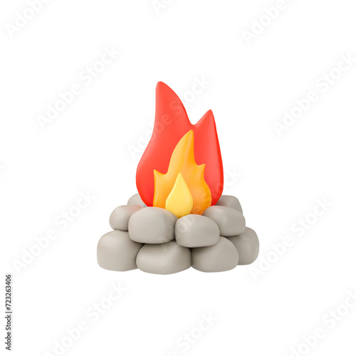 Bright plasticine campfire on gray stones 3D style , vector illustration
