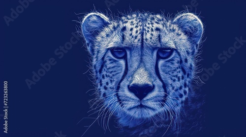  a close up of a cheetah's face on a blue background with a blurry image of the head of a cheetah cheetah. © Nadia