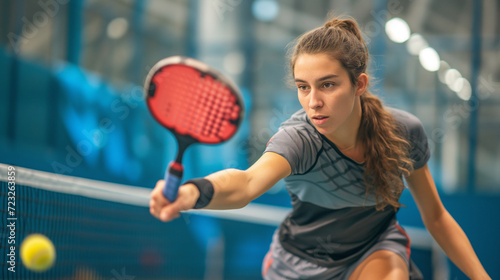 Dedicated Female Padel Pickleball Player Engaged in a Competitive Indoor Match - Athletic Determination and Focus at Pickleball court