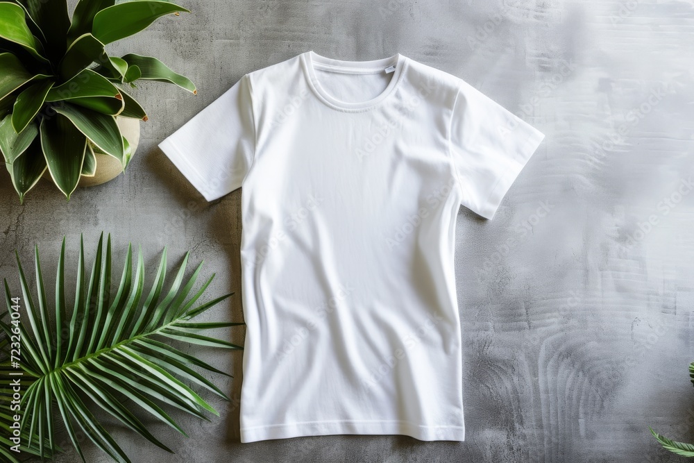 White T-shirt with tropical leaves on grey background. Mockup, template for design. Ecology and zero-waste, green lifestyle. Minimalistic composition, top view White T-shirt with tropical leaves on grey background. Mockup, template for design. Ecology and zero-waste, green lifestyle. Minimalistic composition, top view