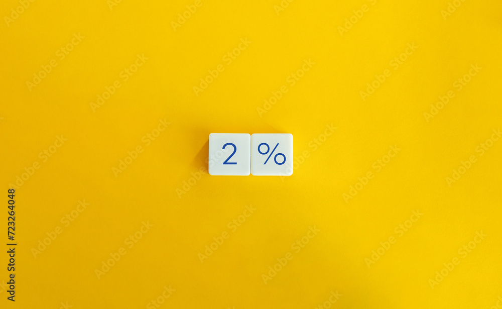 2 Percent Banner. Extra Discount, Membership Concept. Letter Tiles on Yellow Background. Minimalist Aesthetics. 2 Percent Banner. Extra Discount, Membership Concept. Letter Tiles on Yellow Background. Minimalist Aesthetics.