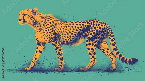  a drawing of a cheetah walking on a blue and green background with a splash of paint on the side of the cheetah cheetah's face.