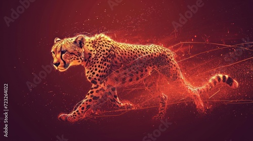  a digital painting of a cheetah running on a red and black background with lines and dots around the cheetah and the cheetah, and the cheetah, the cheetah, the cheetah, the cheetah, the cheetah,. photo