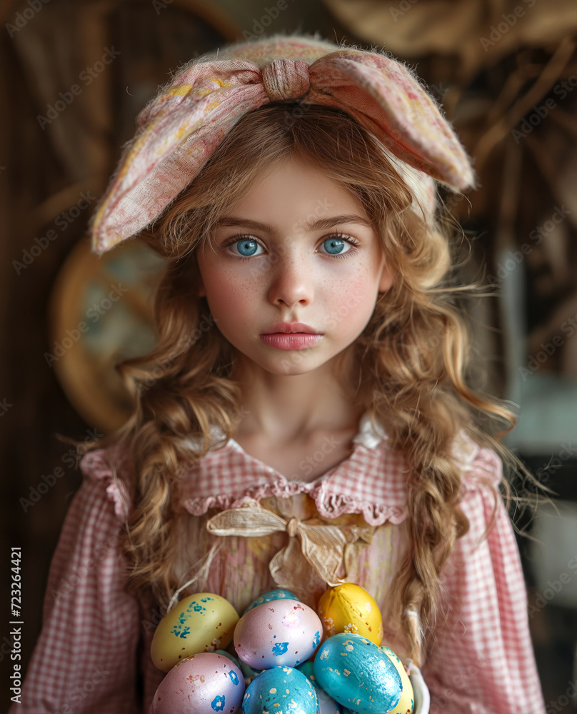 Cute little child girl wearing bunny ears on Easter day. Girl has basket with painted eggs. Cute little child girl wearing bunny ears on Easter day. Girl has basket with painted eggs.