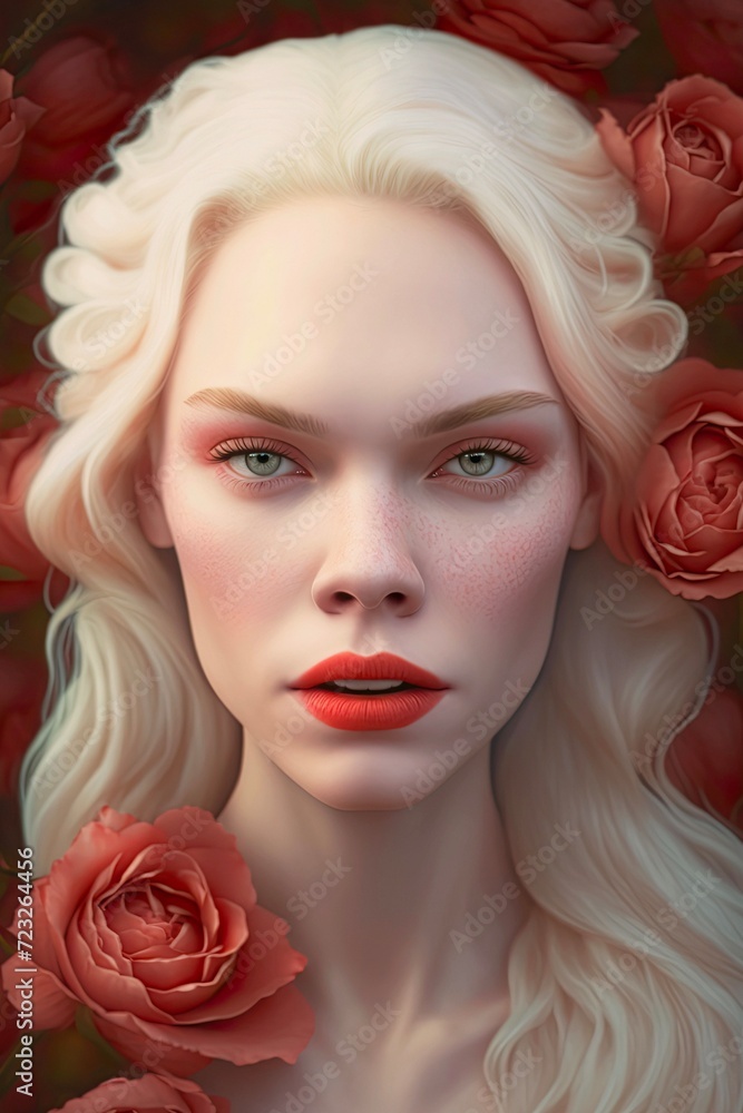 Portrait of a beautiful blonde woman among red roses. Portrait of a beautiful blonde woman among red roses.