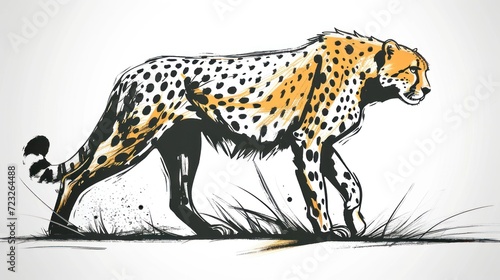  a drawing of a cheetah standing in the grass with a bird on the side of the image and a bird on the other side of the drawing of the image.