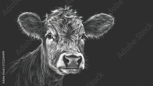 a black and white drawing of a cow's face, looking at the camera with a sad look on its face, in front of a dark background of a black background.