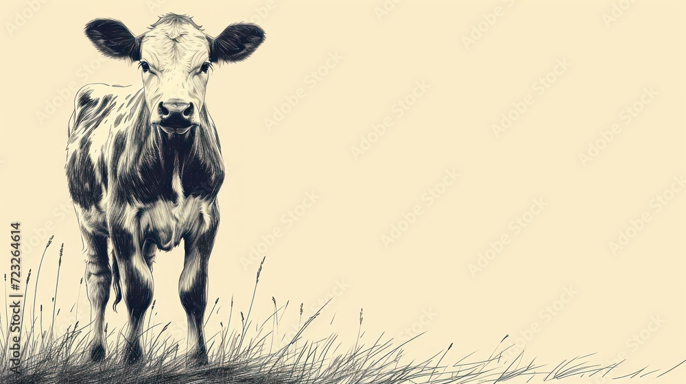 a black and white drawing of a cow standing in a field of grass with a ...