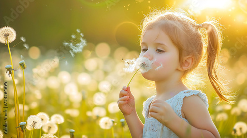 Child blowing on a dandelion.