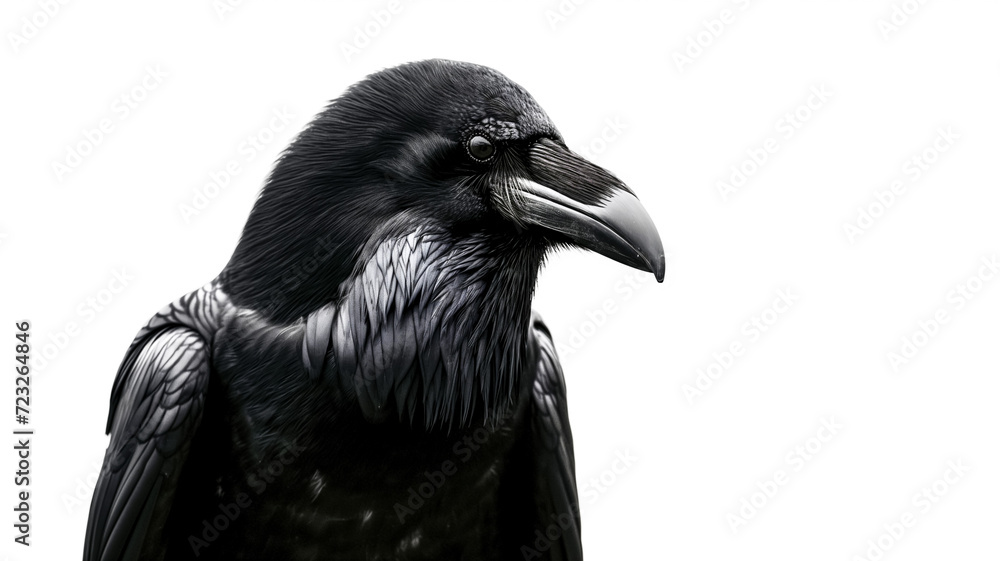Close up portrait of black raven isolated on white transparent background, png Close up portrait of black raven isolated on white transparent background, png