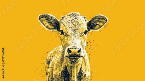  a close up of a cow s face on a yellow background with a black and white drawing of a cow s head on it s left side.
