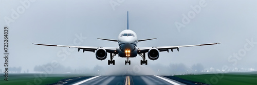View of airplane landing on airport runway under beautiful cloudy sky. turbines of an aircraft. Travel and vacation concept. Copy space banner