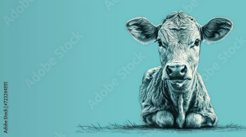 Tela a drawing of a cow sitting on the ground with it's head resting on it's hind legs, looking at the camera, with a blue background