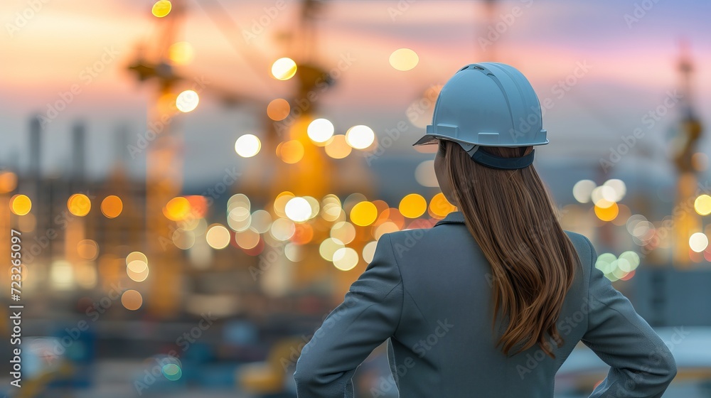 Female project manager overseeing construction site with blurred background and copy space Female project manager overseeing construction site with blurred background and copy space
