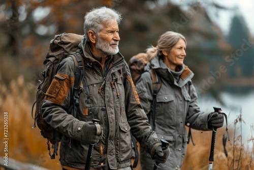 An elderly man and a woman tourists hiking with sticks in nature