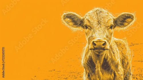  a close up of a cow's face on an orange and yellow background with dirt on the bottom and bottom of the cow's head and bottom part of the cow's head.